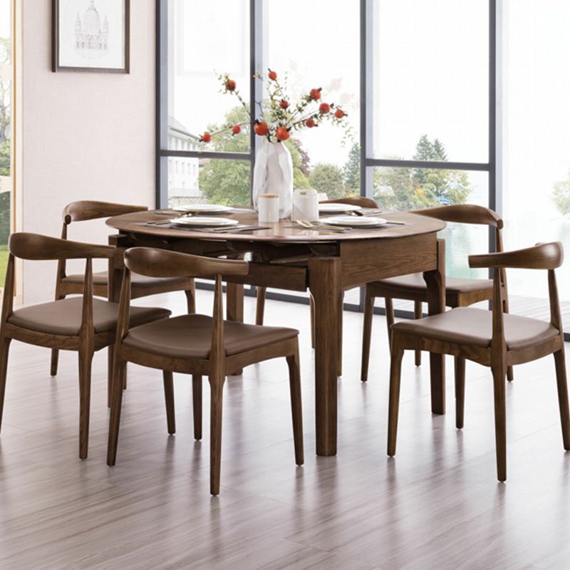Modern Style Brown Dining Table Round Solid Wood Dining Table with 4 Legs