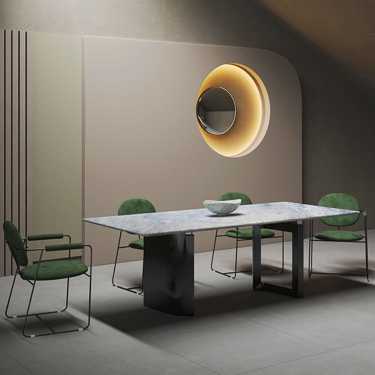 Contemporary Rectangle Blue Marble Dining Table with Double Pedestal