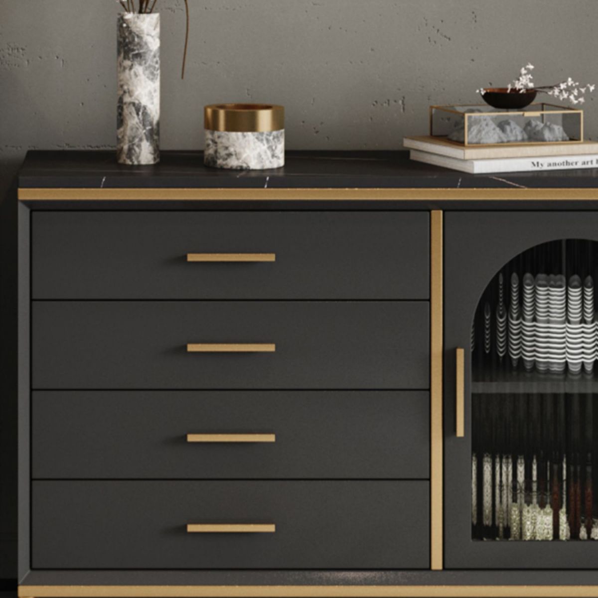 Glam Style Cupboard Artificial Wood Frame and Glass Door Kitchen Sideboard for Dining Room