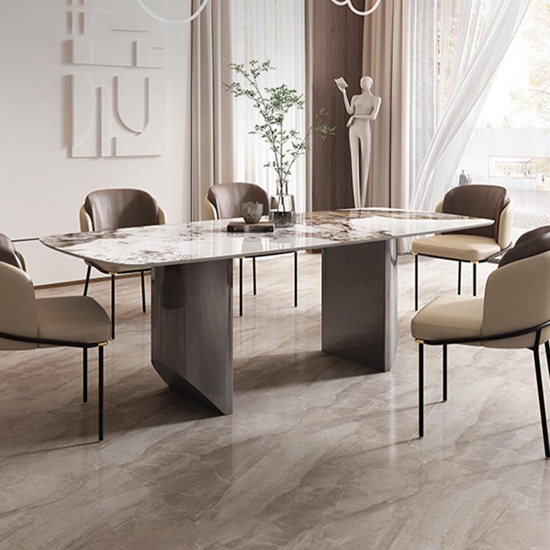 Sintered Stone Top Dining Table Modern Rectangle Stainless Steel Double Pedestal Table