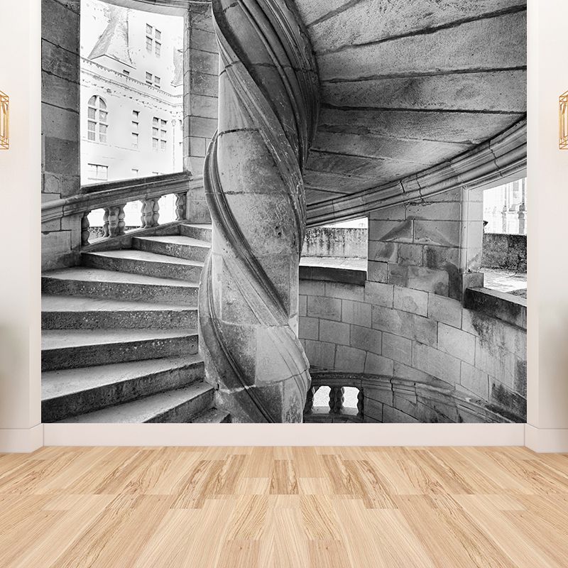 Photography Stone Swirl Stairway Mural for Living Room, Grey, Custom Size Available