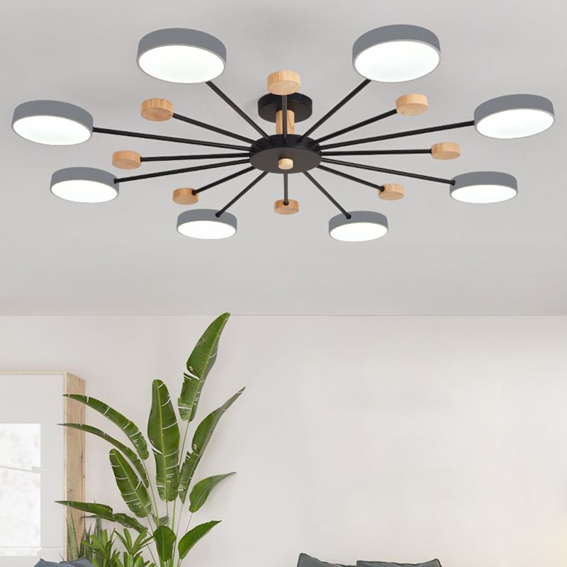 Luz de techo redondo nórdico Luz de montura de montura de luz múltiple con madera para dormitorio