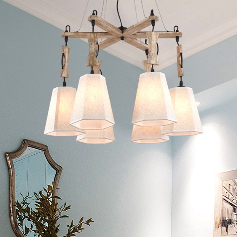 Lampadella in tessuto affusolato Luce tradizionale a 6 luci da soggiorno illuminazione a sospensione in bianco/nero/lino