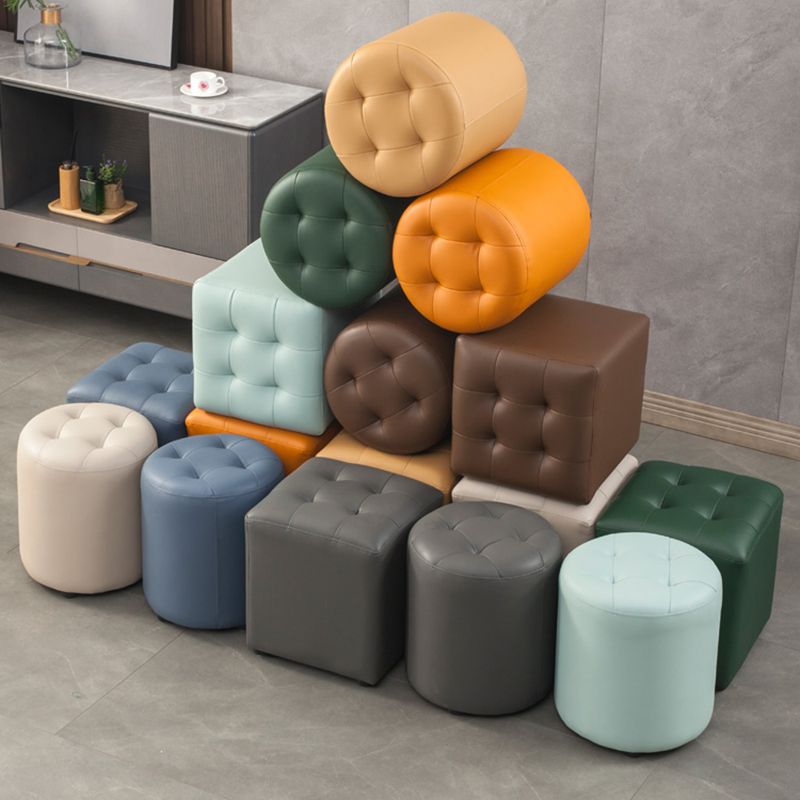 Modern Round Ottoman Solid Color Genuine Leather Tufted Pouf Ottoman