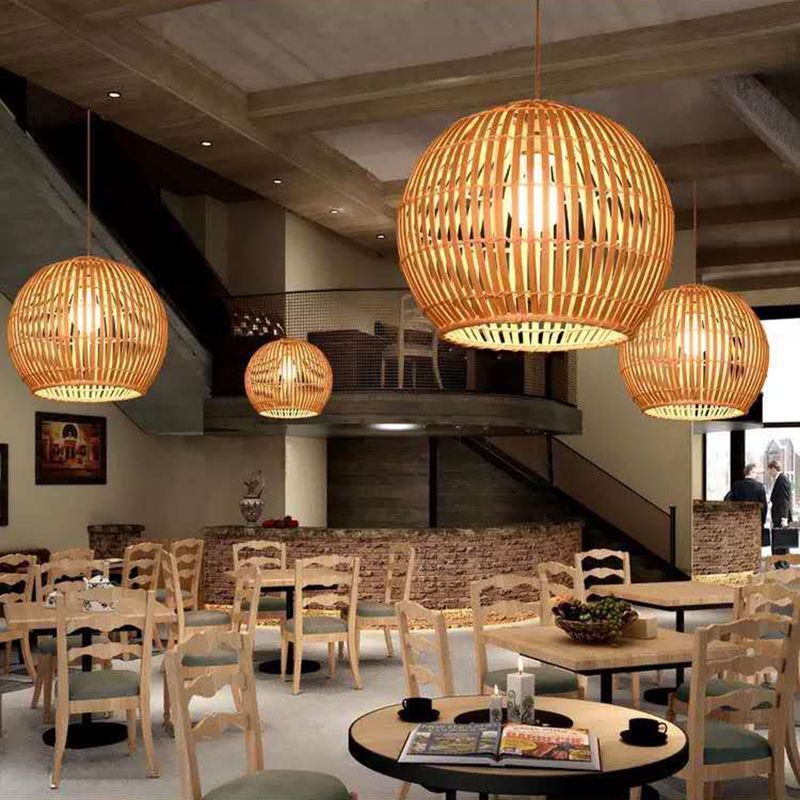 Spherical Hand-Woven Pendant Asia Art Deco 1 Bulb Bamboo Hanging Light for Dining Table