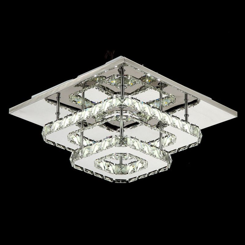 Quad Shaped Crystal Ceiling Light Modern Stainless Steel LED Semi Flush Light for Foyer