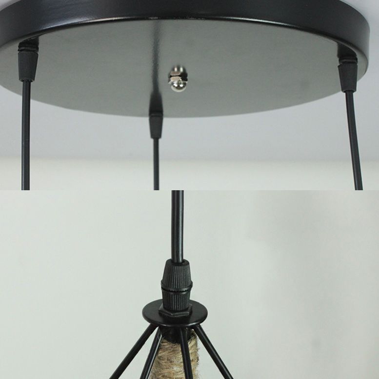 Luz de la isla de cuerda de cáñamo vintage con sombra de hierro de 3 luces restaurantes lámpara de suspensión