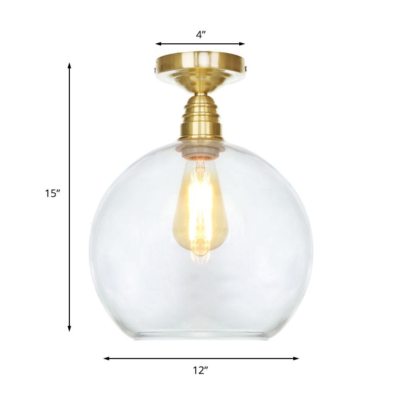 1 Light Spherical Semi Flush Light Brass Industrial Clear/Amber Glass Ceiling Mount, 8"/10"/12" Wide