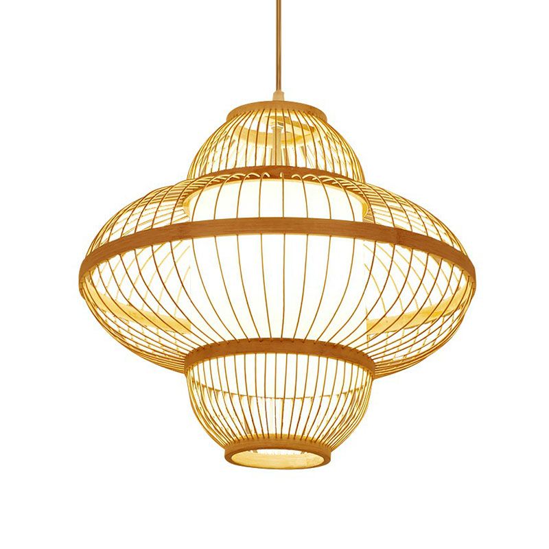 Lantern Ceiling Light Modern Bamboo Single Restaurant Hanging Pendant Light in Wood