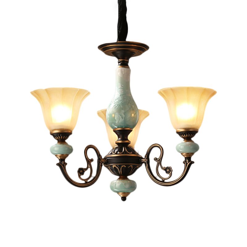 Black-Gold Curvy Armed Pendant Chandelier Style Rural Metallic 3/5/6 Lights Livrer le plafond Light With Blossom Shade