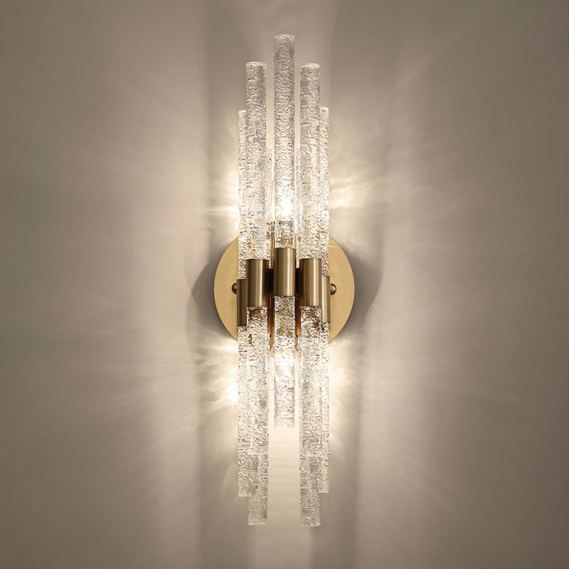 Tubular Sconce Lighting Simple Style Clear Rippled Crystal 2-Head Bedroom Wall Light in Brass