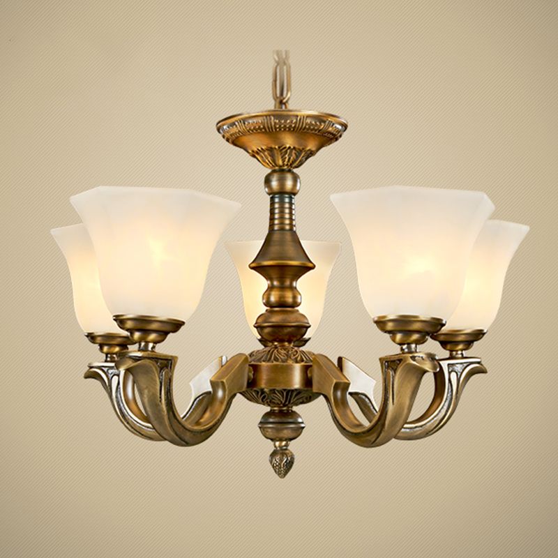Paneled Bell Frosted Glass Chandelier Traditional Dining Room Pendant Light Fixture in Gold