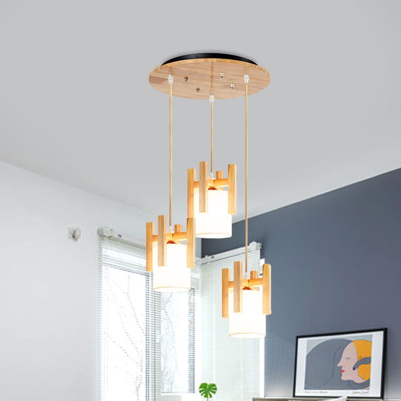 3 Lights Dinette Multi Light Pendant Modern Beige Ceiling Lamp with Column Fabric Shade and Wood Fence Top