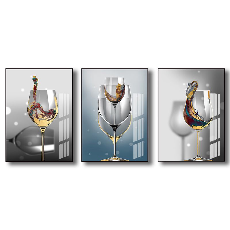 Modern Wine Glasses Wall Art Decor Light Color Dining Room Canvas Print, Set of 3