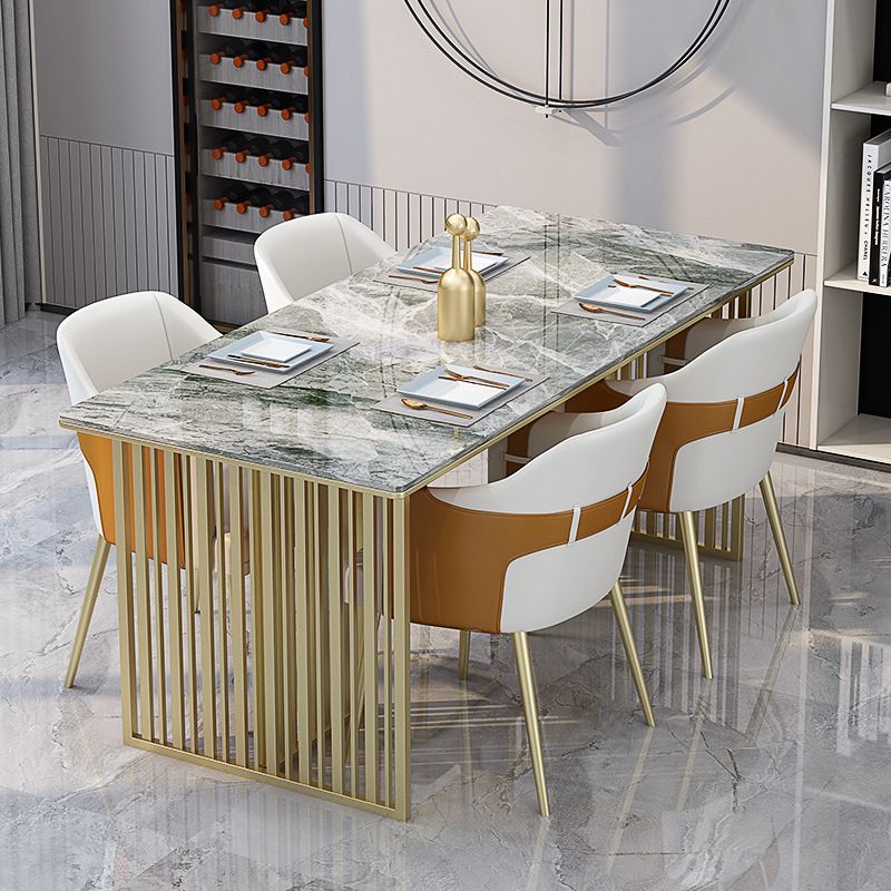 Luxury Rectangle Dining Table Sintered Stone Top Gold Metal Base Table