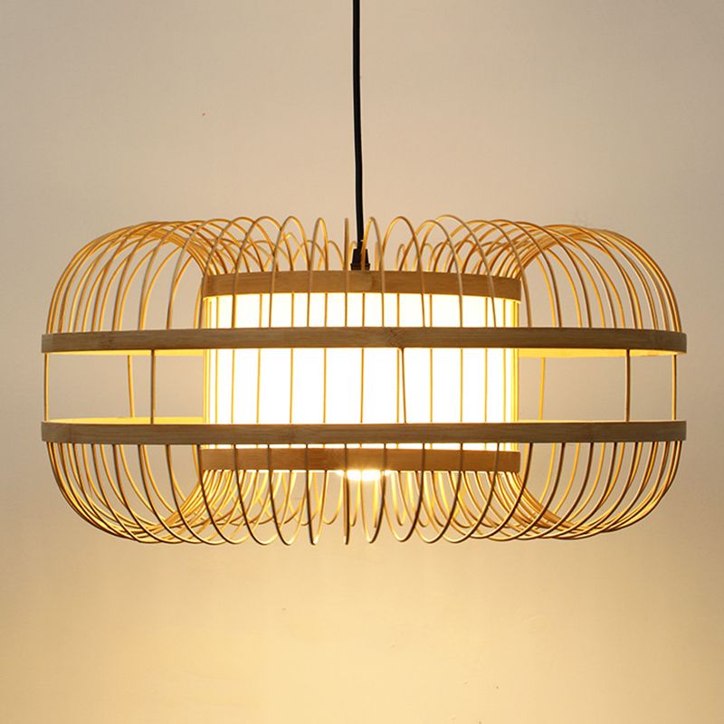 Beige 1-Light Japanese Hanging Lamp Kit Lantern Silk Pendant for Dining Room