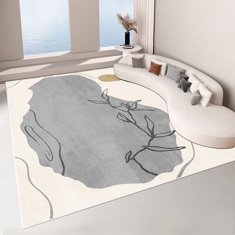 Beige Living Room Area Rug Color Block Polyester Area Carpet Non-Slip Backing Area Rug