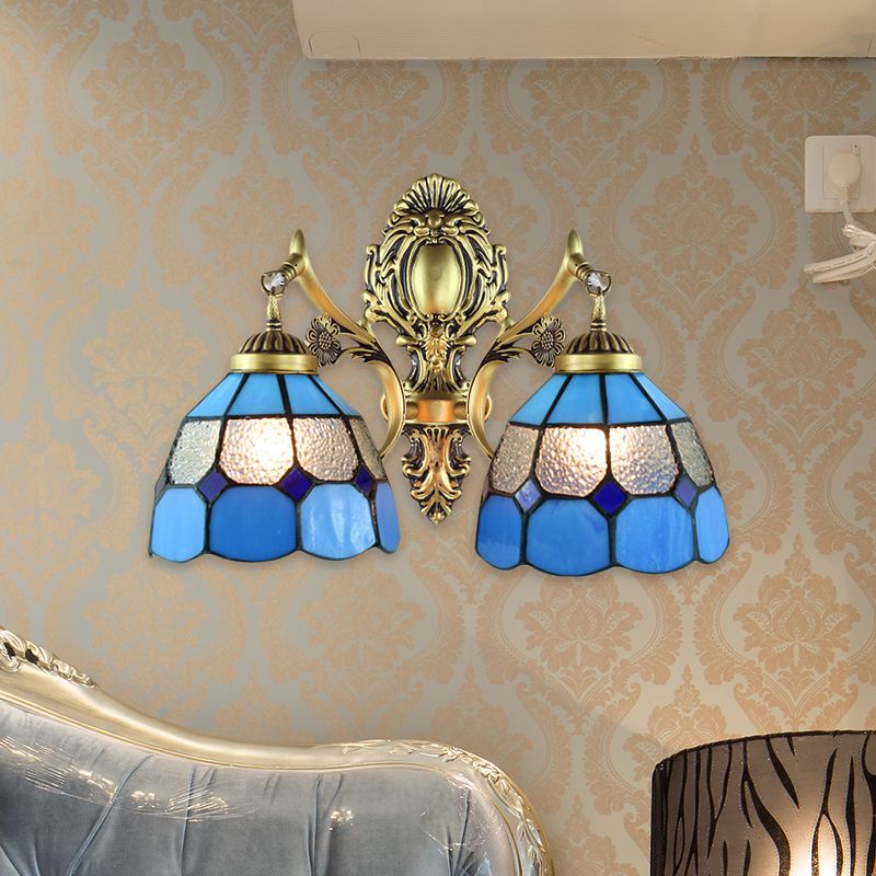 Vintage Domed Wall Lighting Stained Glass 2 Heads Wall Mount Fixture in Blue for Stairway