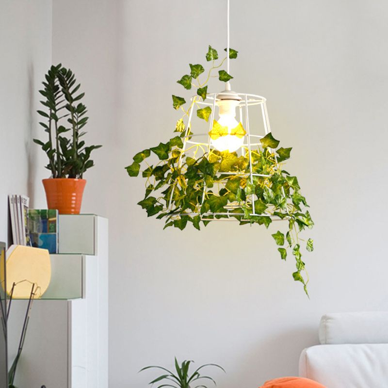 Iron Tapered Cage Suspension Lighting Retro 1 Head Dining Room Pendant Ceiling Light with Decorative Ivy in Green
