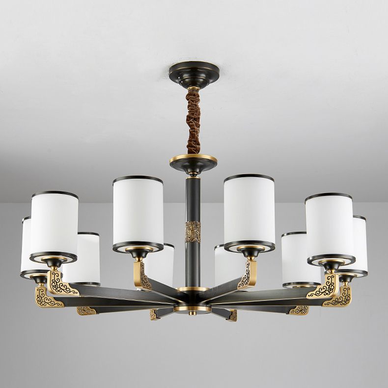 Modern Metal Pendant Light Cylindrical Glass Shade Chandelier Lighting for Bedroom