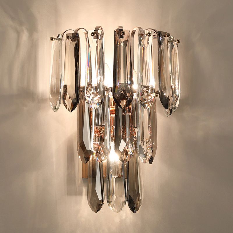 Clear and Smoke Crystal Tiers Sconce Light Simplicity 3-Head Wall Mount Light for Hallway