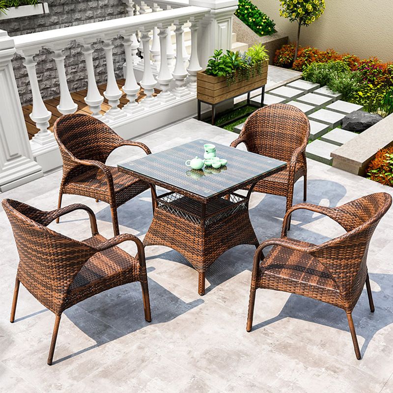 Modern Tempered Glass Outdoor Table Set 1/5 Pieces Dining Table with Rat Base