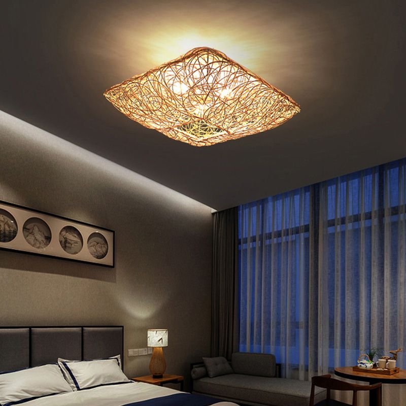 Asian Square Flush Mount Lighting 3-Light Rattan Flush Mount Ceiling Lights for Living Room