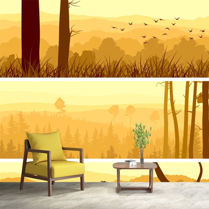 Smooth Big Yellow Mural Decal Modern Style Sunset Forest Wall Decoration, Custom Printed