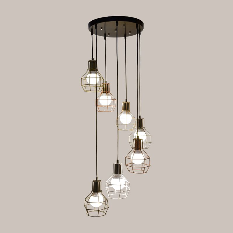 Metal Grenade Cage Suspension Light Minimalist Black Multi Light Pendant for Staircase