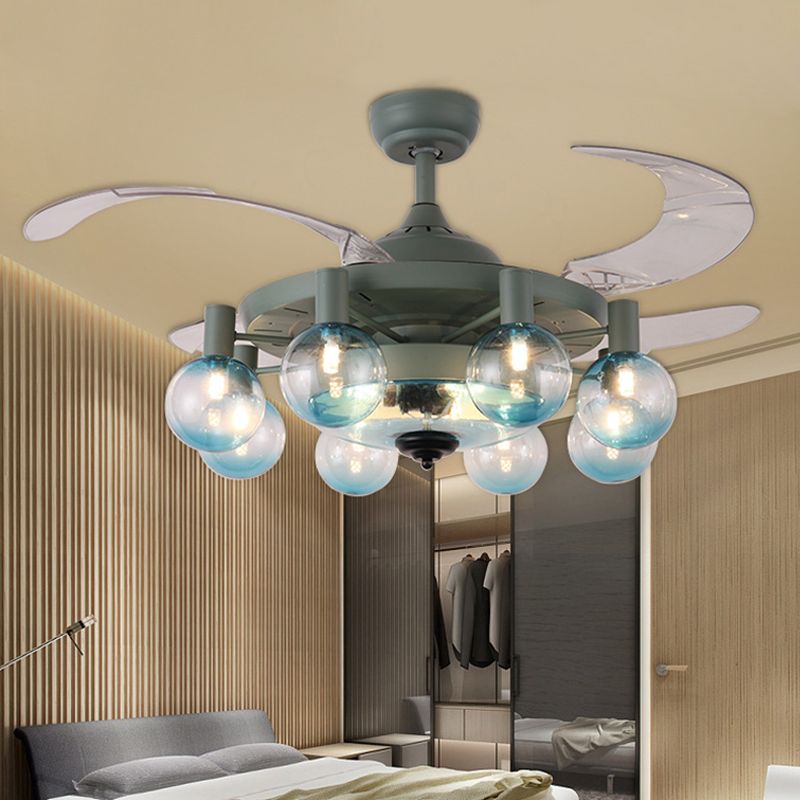 42 "W 8-Licht-Lächerlampe Einfachheit Schlafzimmer 4 Blätter halb Flush-Leuchte mit Globe Clear Glass Shade in dunkelgrün, Fernbedienung/Fernbedienung und Wandsteuerung/Frequenzumwandlung und Fernbedienung
