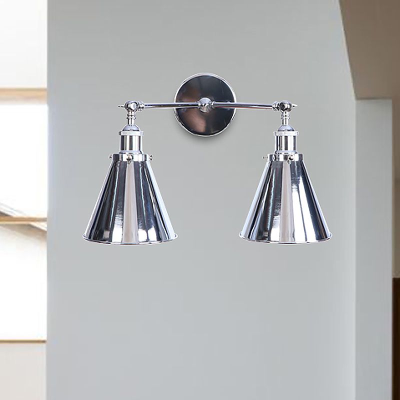 Accesorio de montaje de pared cónico cromado pulido al estilo retro de hierro 2 luces de comedor luz de montaje en la pared