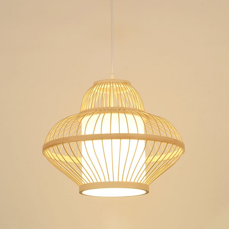 Lámpara de suspensión de techo de madera colgante de té 1 de 1 cabeza de cabeza con tono de bambú curvo