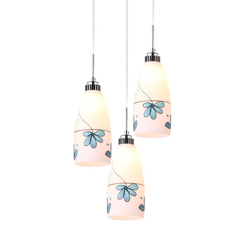3-Bulb Cone Multiple Hanging Lamp Minimalism Black/Yellow/Blue Printing Glass Pendulum Lamp with Linear/Round Canopy
