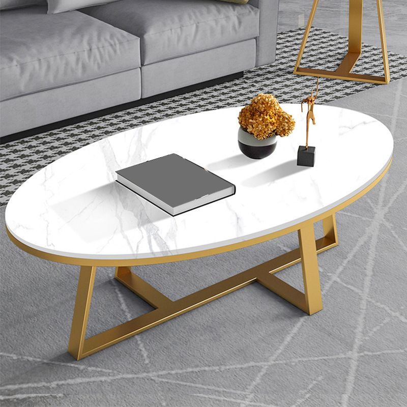17.7" H Glam Oval Slate Coffee Table Metal Cross Legs Cocktail Table