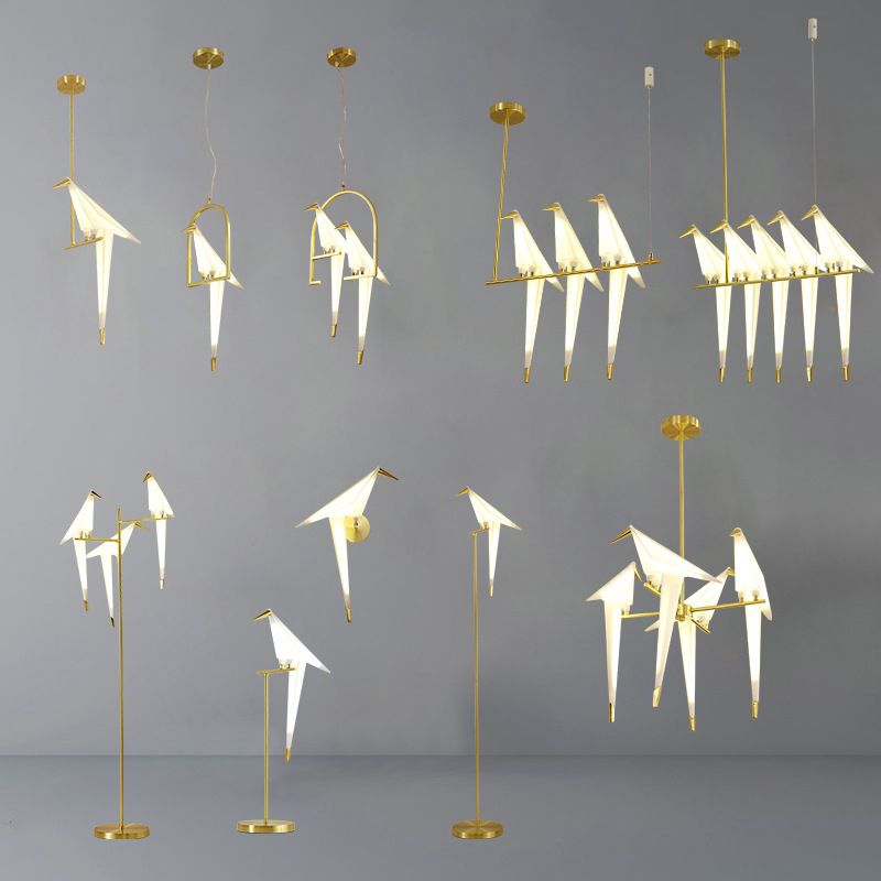 Nordic 1/2/3-Bulb Ceiling Light White-Gold Round Pendant Light Kit with Plastic Crane Shade