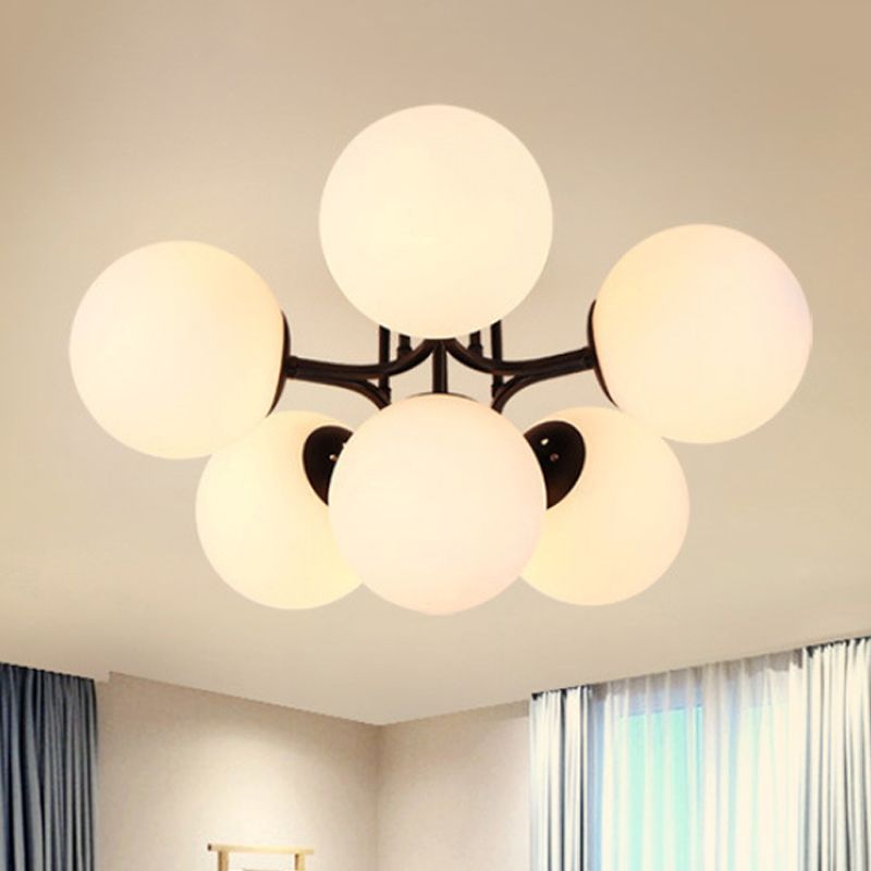 3/6 Lights Living Room Ceiling Light Fixture Traditional Black Semi Flush with Globe White Glass Shade