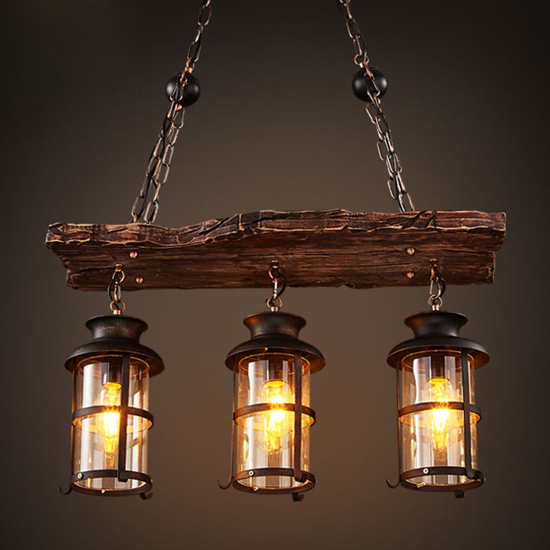 Rectangle Wood Chandelier Pendant Light Industrial Bar Ceiling Hanging Light Fixture in Black