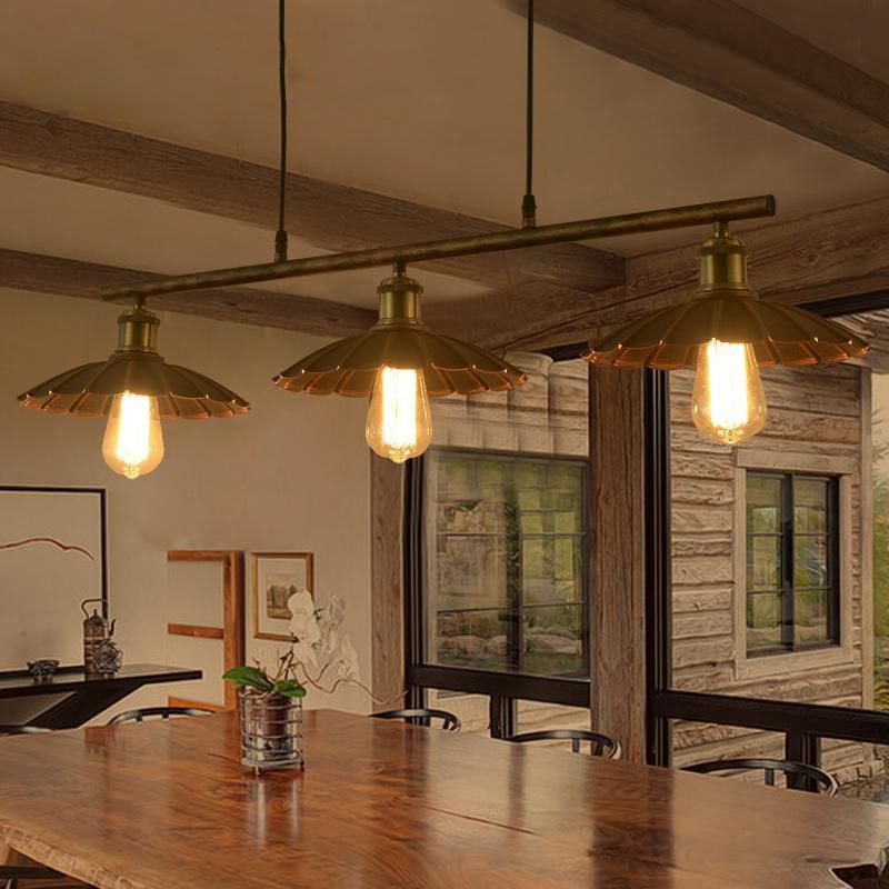 Rust Scalloped Suspended Lighting Fixture Industrial Metal 3-Bulb Bistro over Island Lighting