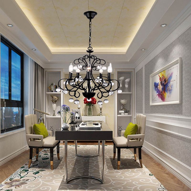 Salle à manger Bougie lustre lampe Métal de style vintage 5 lumières Black Suspension Lumière avec une boule de cristal transparent