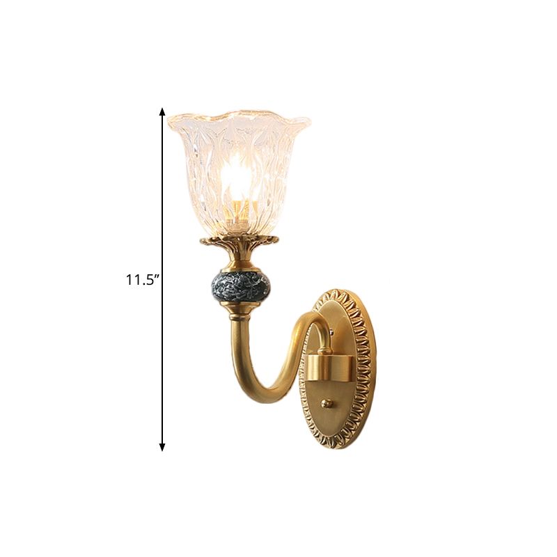 Floral Dining Room Wall Sconce Farmhouse Clear Ribbed Glass 6"/17" W 2 Lights Brass Wall Mounted Lighting