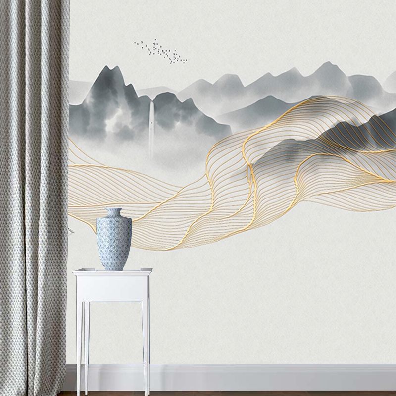 Yellow and Grey Mural Wallpaper Boat and River Stain-Resistant Wall Art for Guest Room