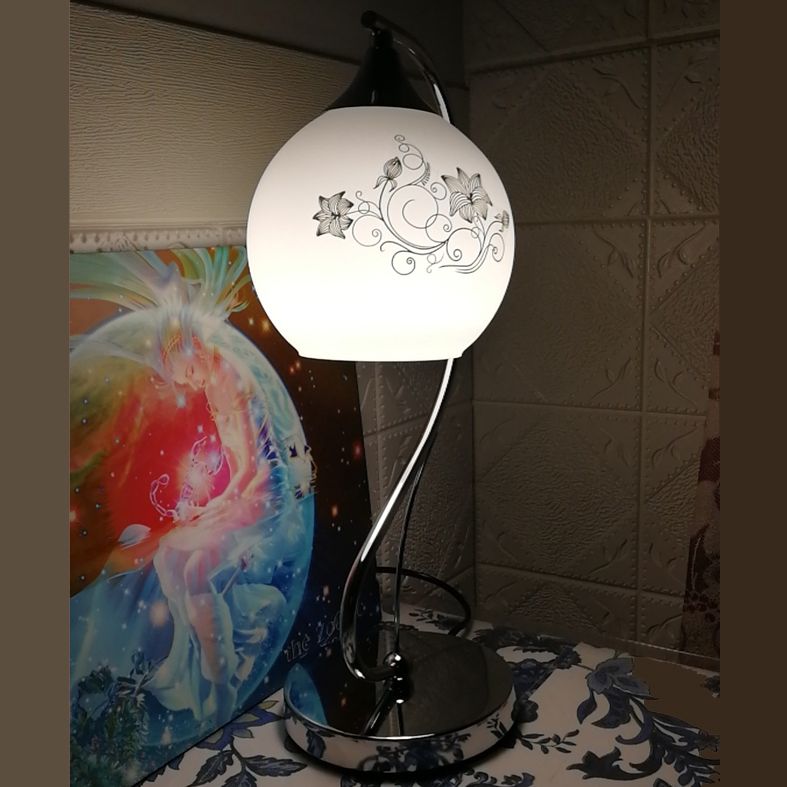 Silver Gooseneck Table Lamp Minimalist 1-Light Metal Table Light with Spherical White Glass Shade