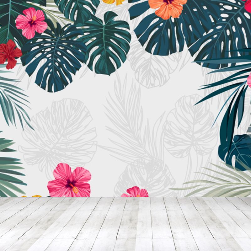 Full Size Illustration Tropical Mural Decal with Flowers and Leaves Landscape in White