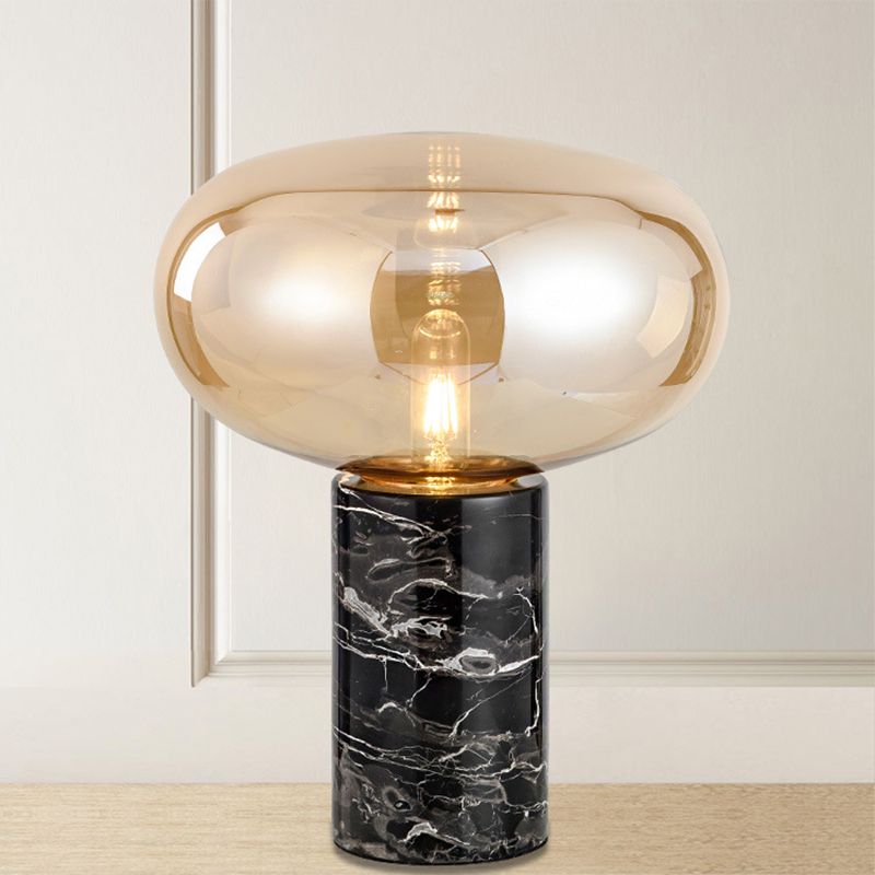 9"/12.5" Wide Cylinder Table Light Designer Marble 1 Head Black Night Lamp with Oval Grey/Amber Glass Shade