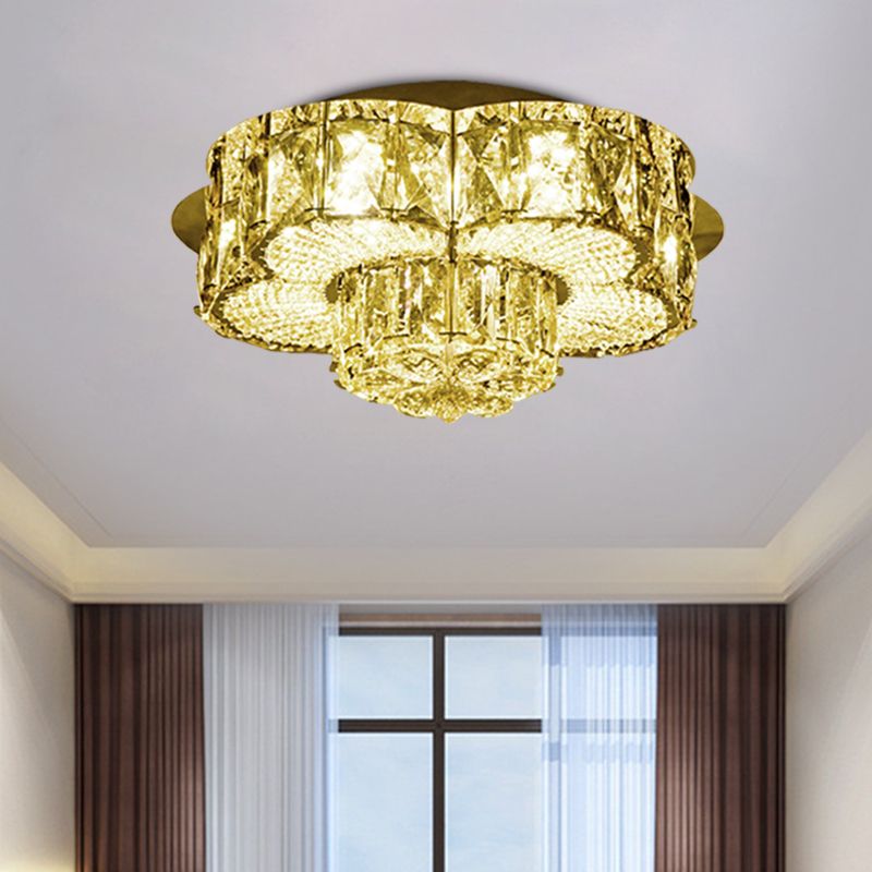 Gold LED Flush Mount Ceiling Fixture Minimalism Beveled Crystal 2-Tier Flower Flushmount Light