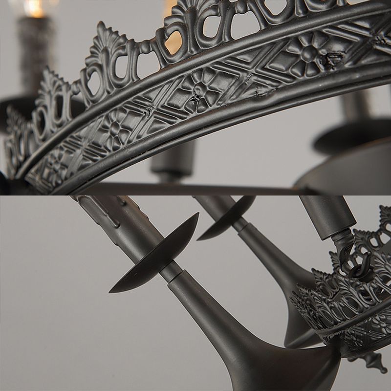 Iron Candle Chandelier Light Fixture Warehouse 6/8 Heads Dining Room Hanging Ceiling Light in Black with Rope Cord