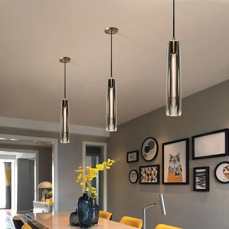 Crystal Cylindrical Pendant Light in Modern Luxury Style Copper Hanging Lamp for Dining Room