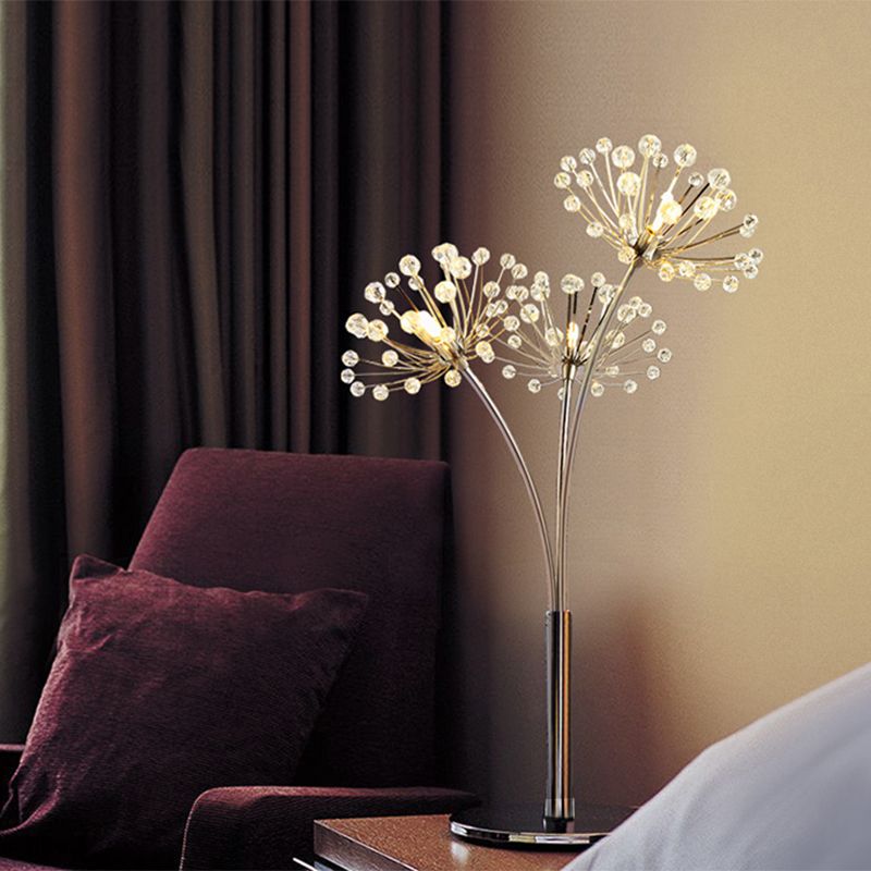 LED Night Stand Lamp Contemporary Dandelion-Shape Crystal Bead Table Light in Chrome