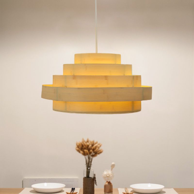 Asian 5-Tier Hoop Pendant Light Kit 1 Head Bamboo Panel Ceiling Hang Fixture in Beige