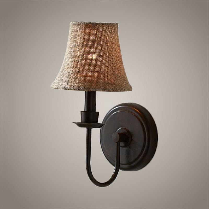 Flaxen 1 Bulb Wall Sconce Light Traditional Fabric Bell Wall Lamp with Arched Arm and Round Backplate